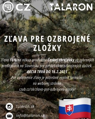 💥💥💥ZĽAVA PRE OZBROJENÉ ZLOŽKY💥💥💥 STÁLE PREBIEHA AKCIA NA NÁKUP VYBRANÝCH PRODUKTOV ČESKEJ ZBROJOVKY NA 🇸🇰 ZĽAVA VO VÝŠKE...